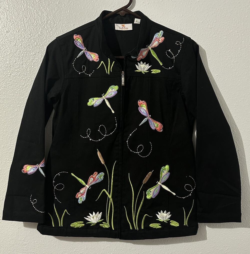 Quacker Factory Women’s Dragonfly Embroidered Zip Front Jacket Shacket Size XS